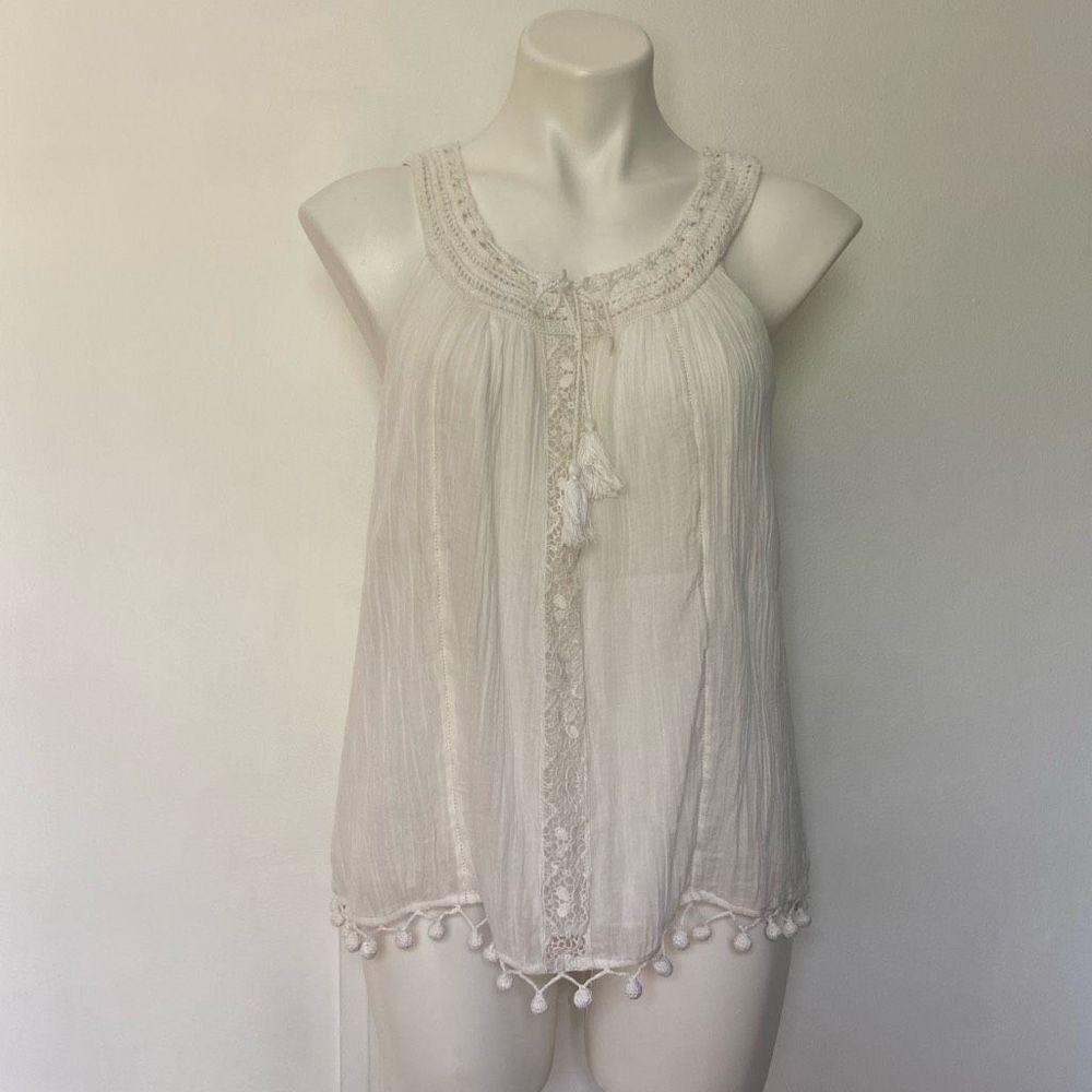 Joié tank top Boho Pom Pom trim crochet neck